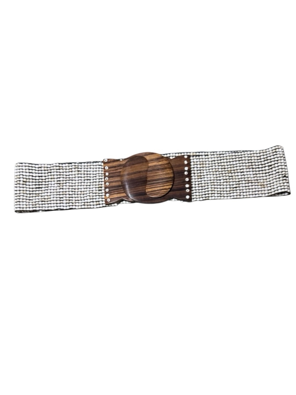 Anthropologie Wide Ivory Beaded Stretch Belt with Brown Wood Buckle